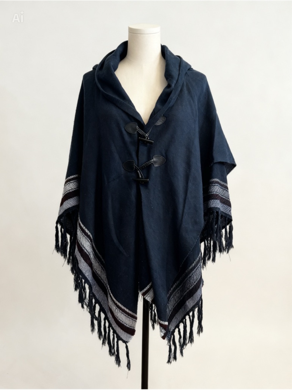 Navy Hooded Fringe Toggle Poncho